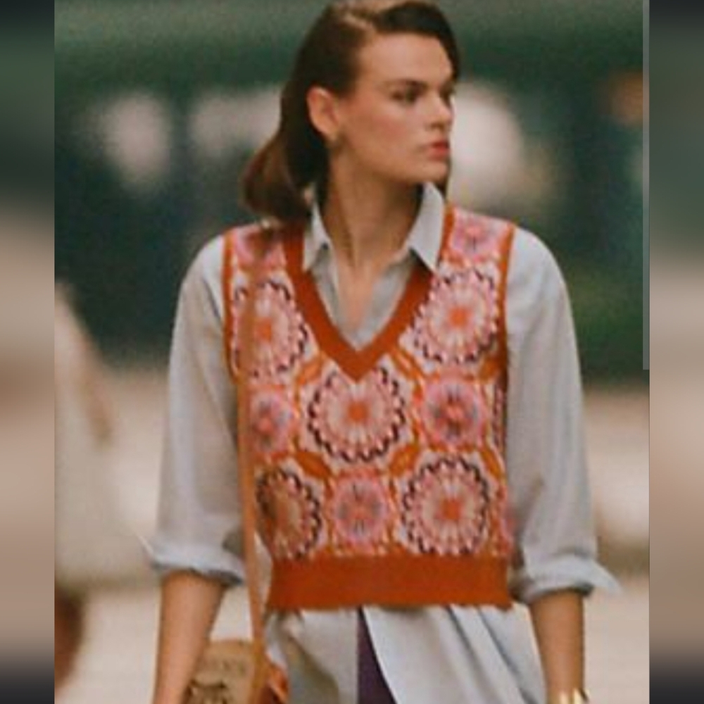 Maeve Anthropologie Jacquard Retro Floral Orange Boho Sweater Vest Large - Picture 5 of 11